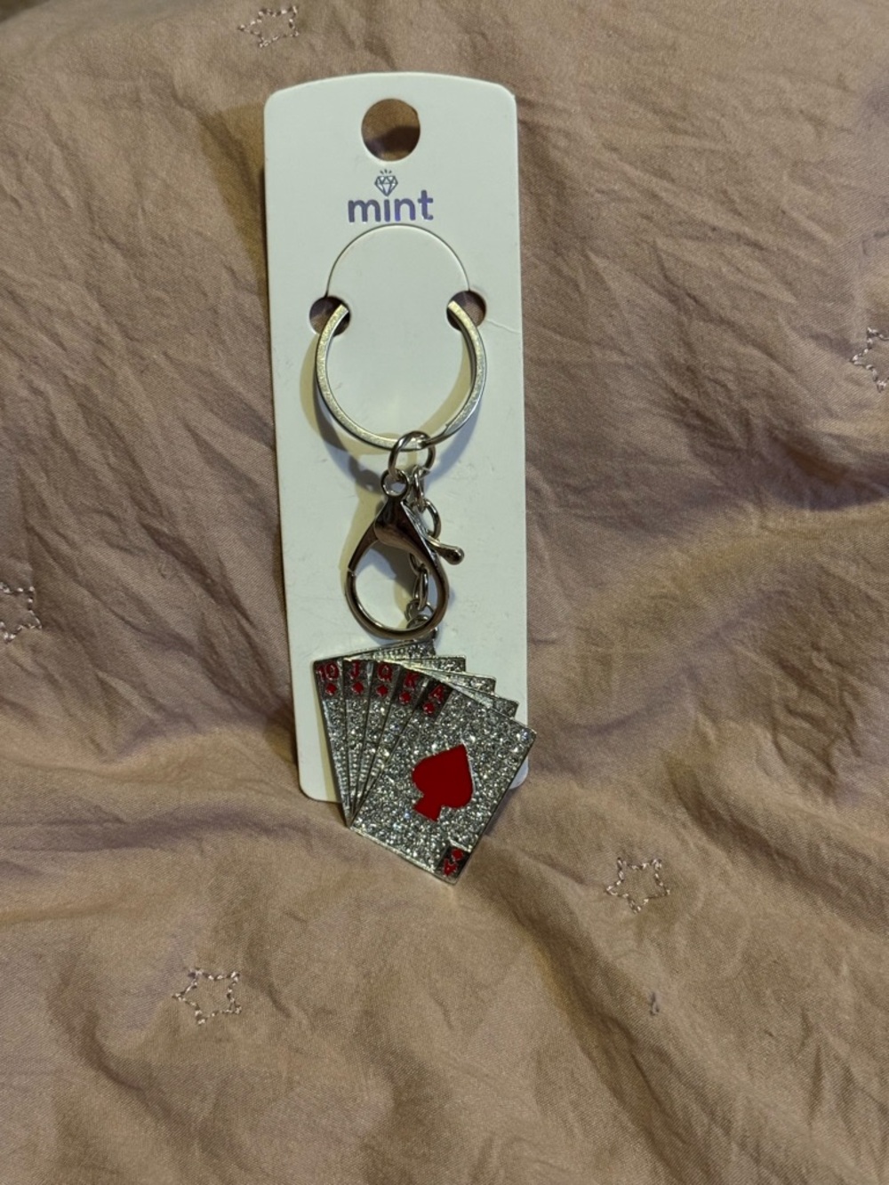 Mint Silver Glitter Playing Cards Keychain with Red Accent- bag clip- keychain